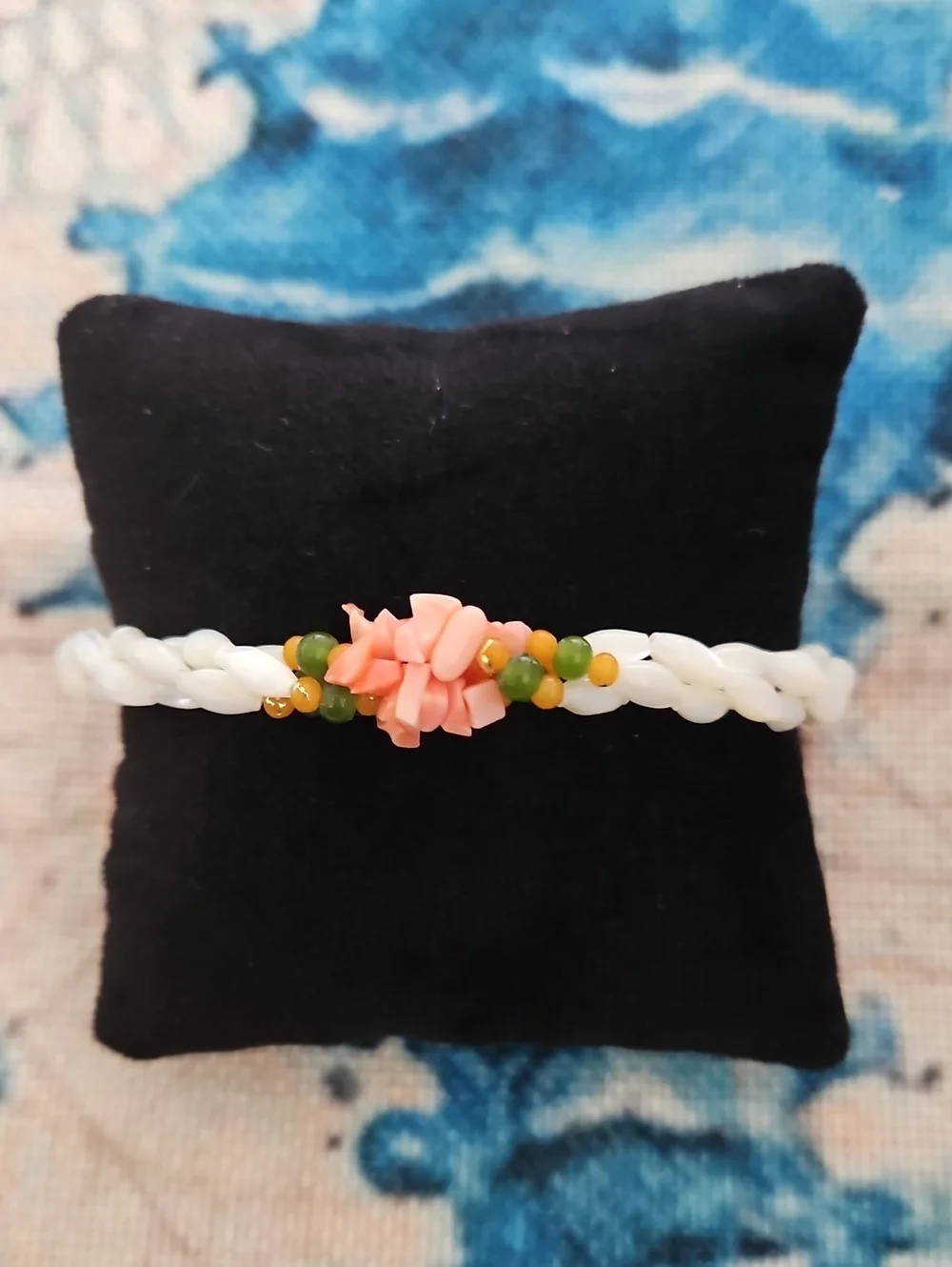 Vintage Mother of Pearl, Coral and Jade Bracelet